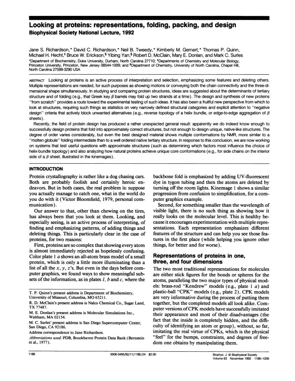 Looking at Proteins: Representations, Folding, Packing, and Design Biophysical Society National Lecture, 1992