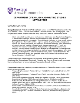 Department of English and Writing Studies Newsletter