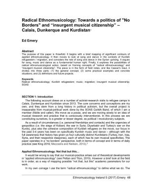 Radical Ethnomusicology: Towards a Politics of "No Borders" and “Insurgent Musical Citizenship” – Calais, Dunkerque and Kurdistan1