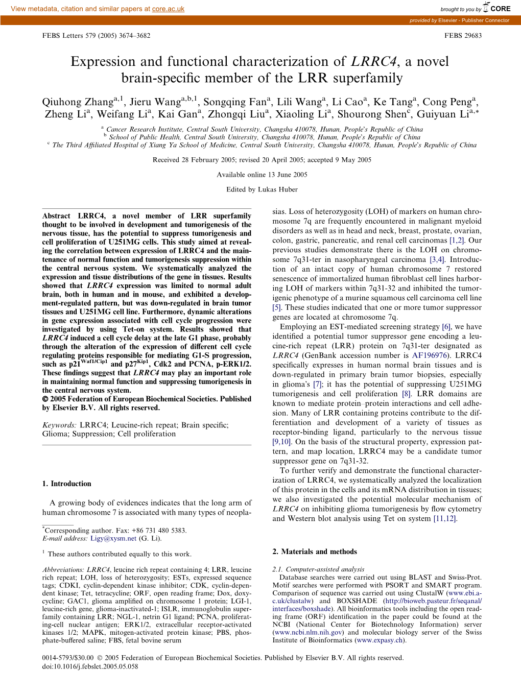 Expression and Functional Characterization of LRRC4, a Novel Brain-Specific Member of the LRR Superfamily