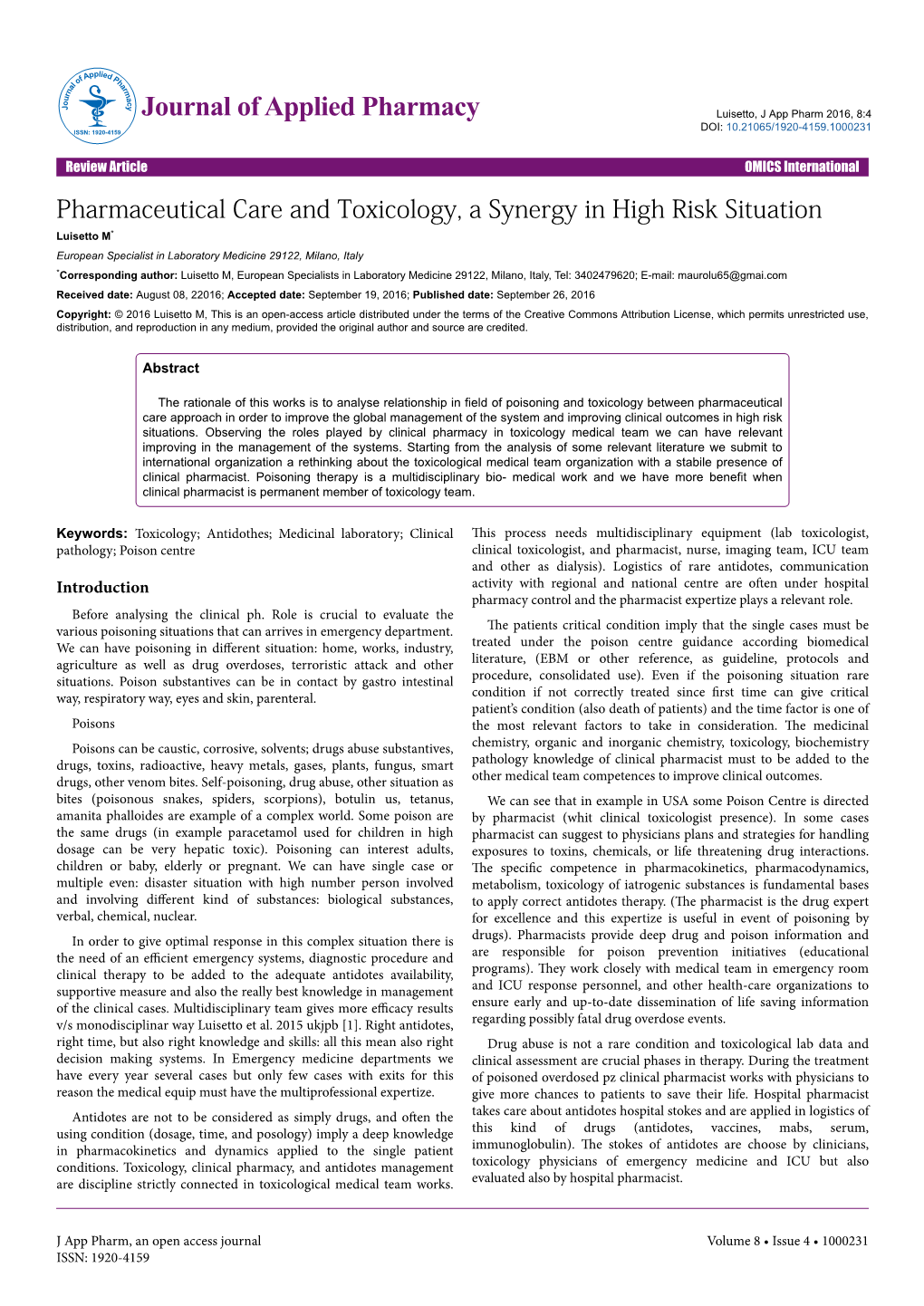 Pharmaceutical Care and Toxicology, a Synergy in High Risk Situation