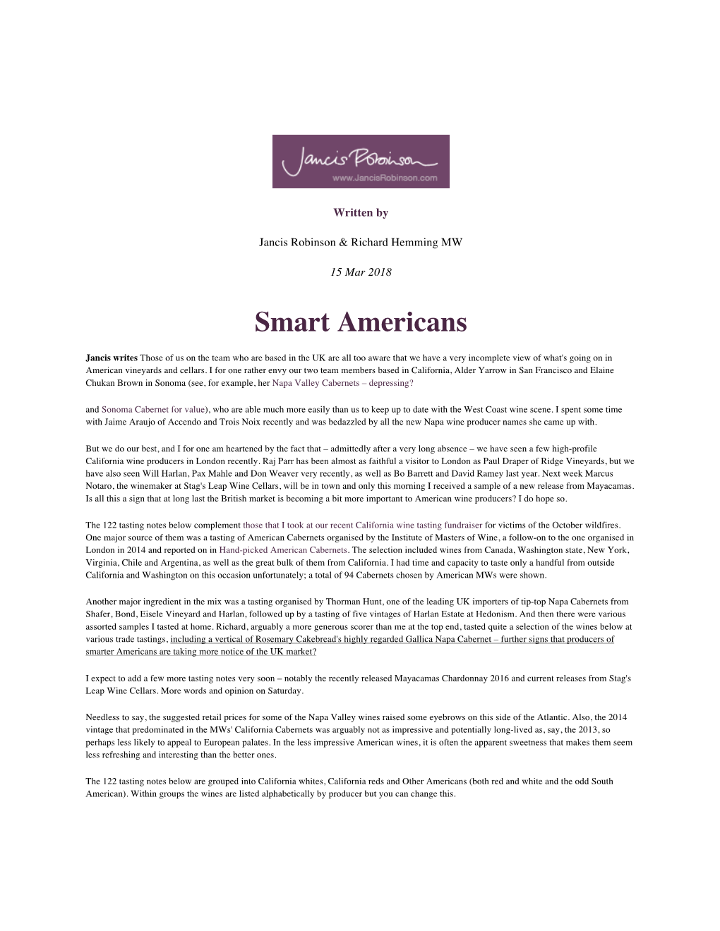 Jancis Robinson | Smart Americans | March 15, 2018