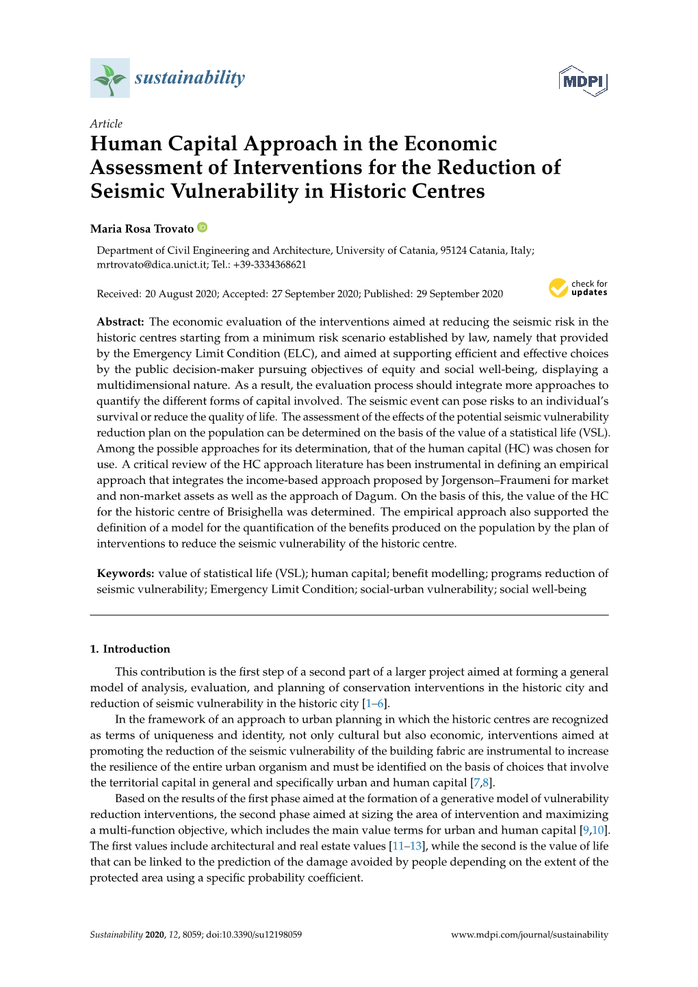 Human Capital Approach in the Economic Assessment of Interventions for the Reduction of Seismic Vulnerability in Historic Centres