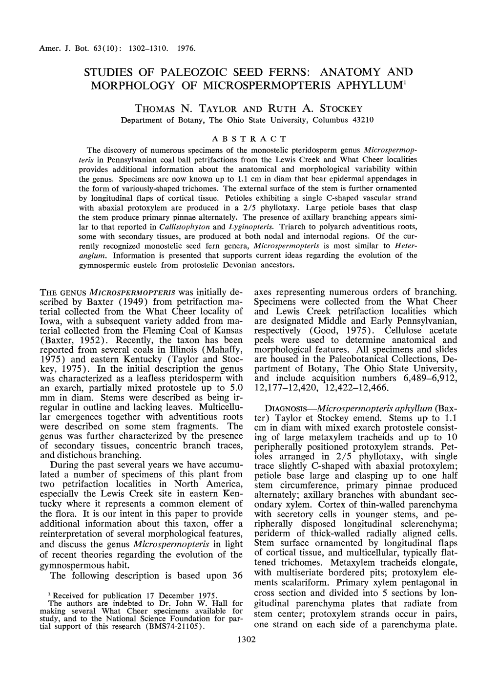 Studies of Paleozoic Seed Ferns: Anatomy and Morphology of Morphology of Microspermopteris Aphyllum