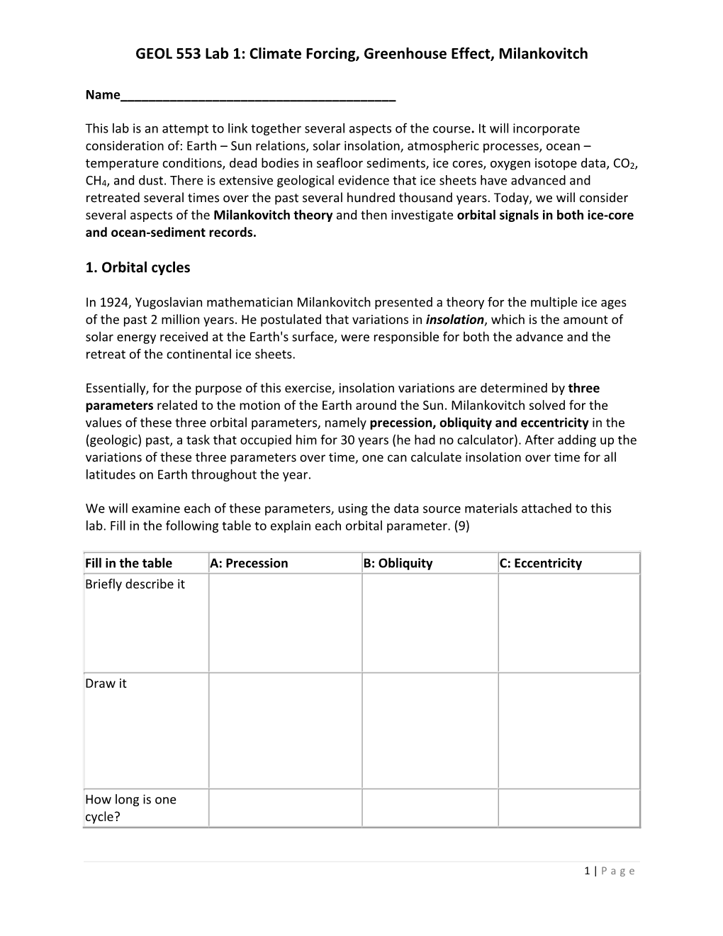 GEOL 553 Lab 1: Climate Forcing, Greenhouse Effect, Milankovitch 1