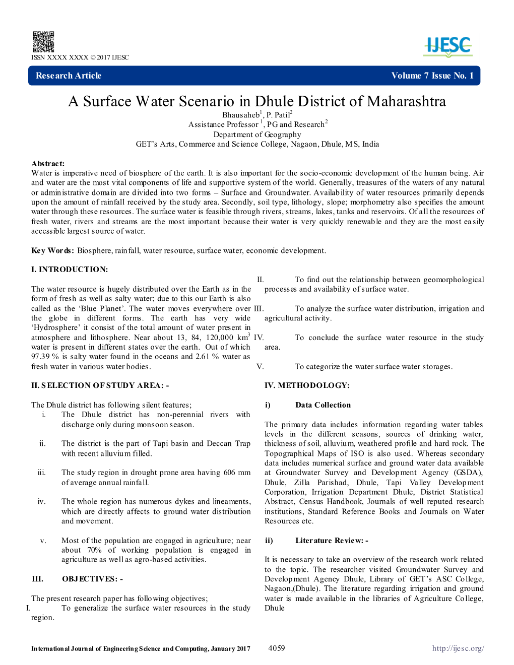 A Surface Water Scenario in Dhule District of Maharashtra Bhausaheb1, P