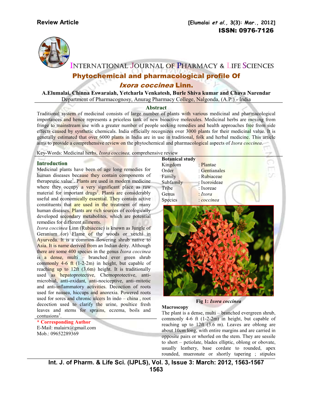 Phytochemical and Pharmacological Profile of Ixora Coccinea Linn