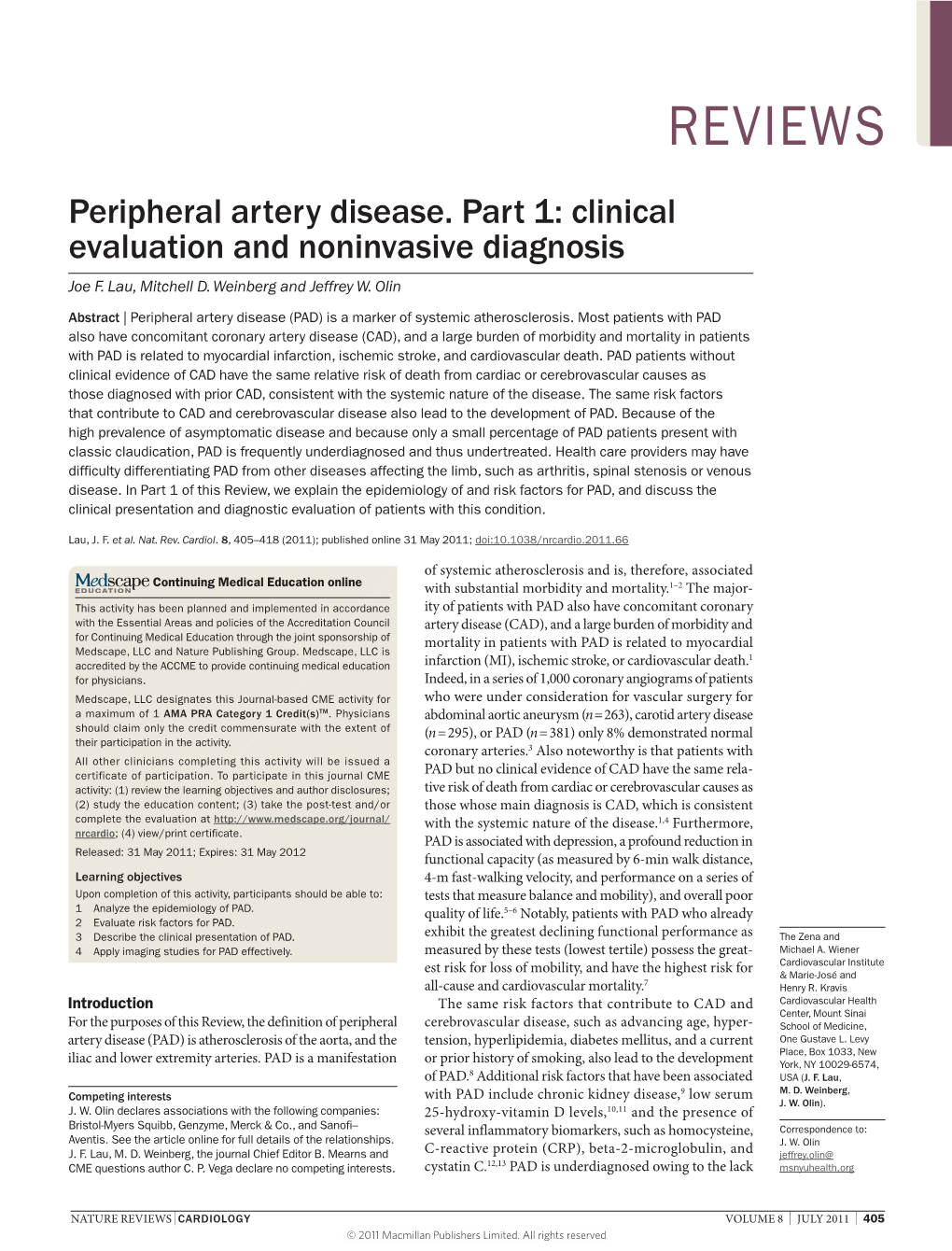 Peripheral Artery Disease. Part 1: Clinical Evaluation and Noninvasive Diagnosis Joe F