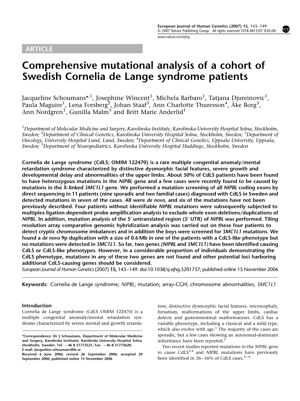 Comprehensive Mutational Analysis of a Cohort of Swedish Cornelia De Lange Syndrome Patients