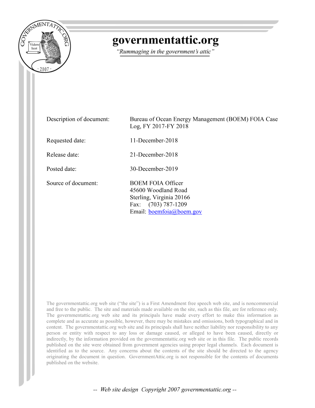 Bureau of Ocean Energy Management (BOEM) FOIA Case Log, FY 2017-FY 2018