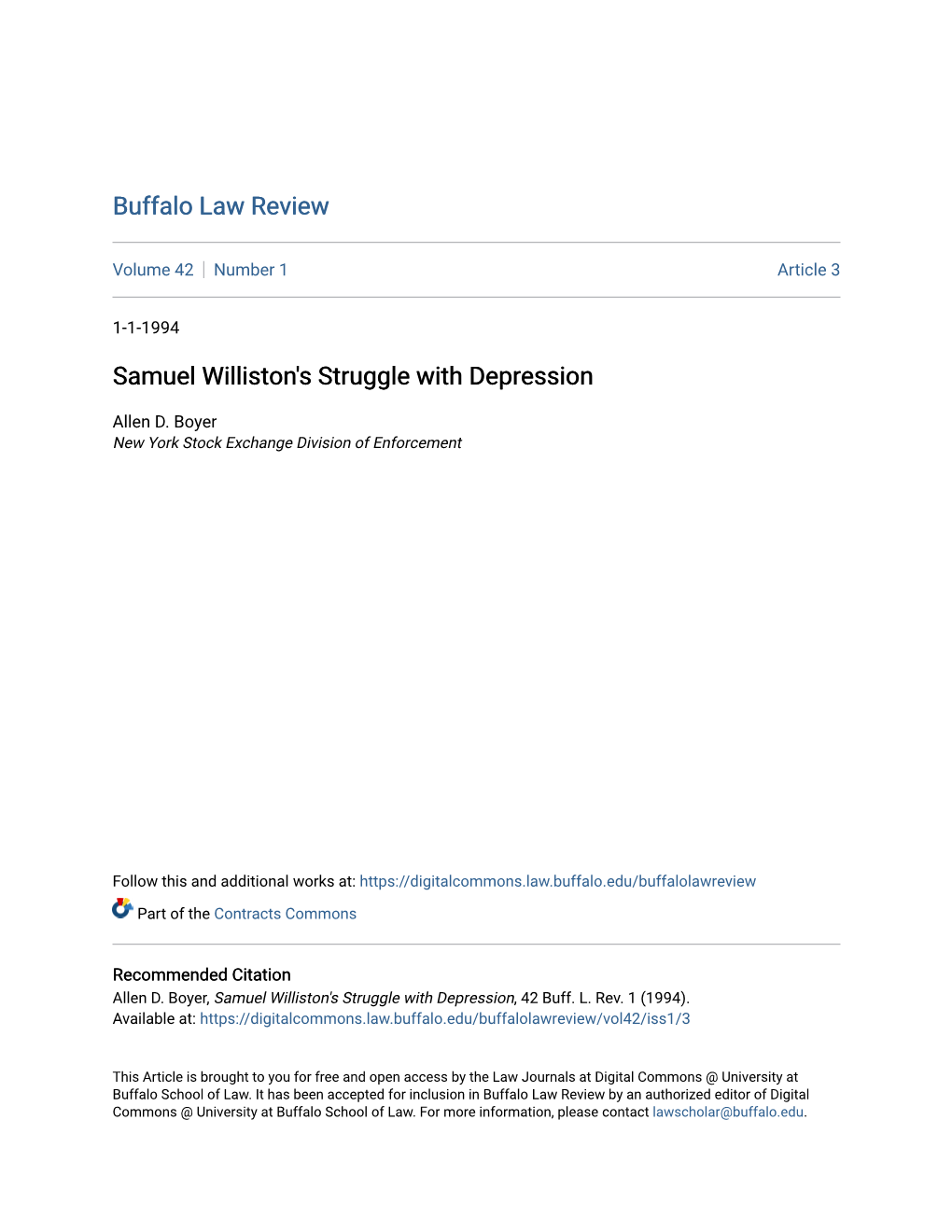Samuel Williston's Struggle with Depression