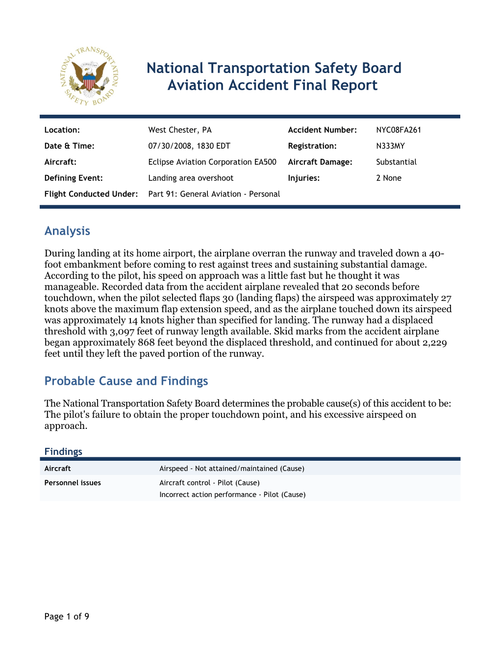 National Transportation Safety Board Aviation Accident Final Report