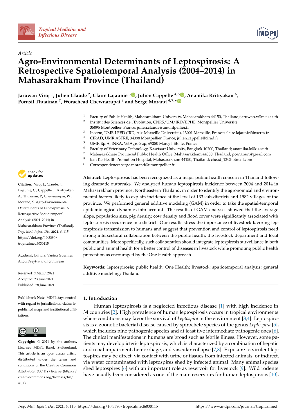 Agro-Environmental Determinants of Leptospirosis: a Retrospective Spatiotemporal Analysis (2004–2014) in Mahasarakham Province (Thailand)