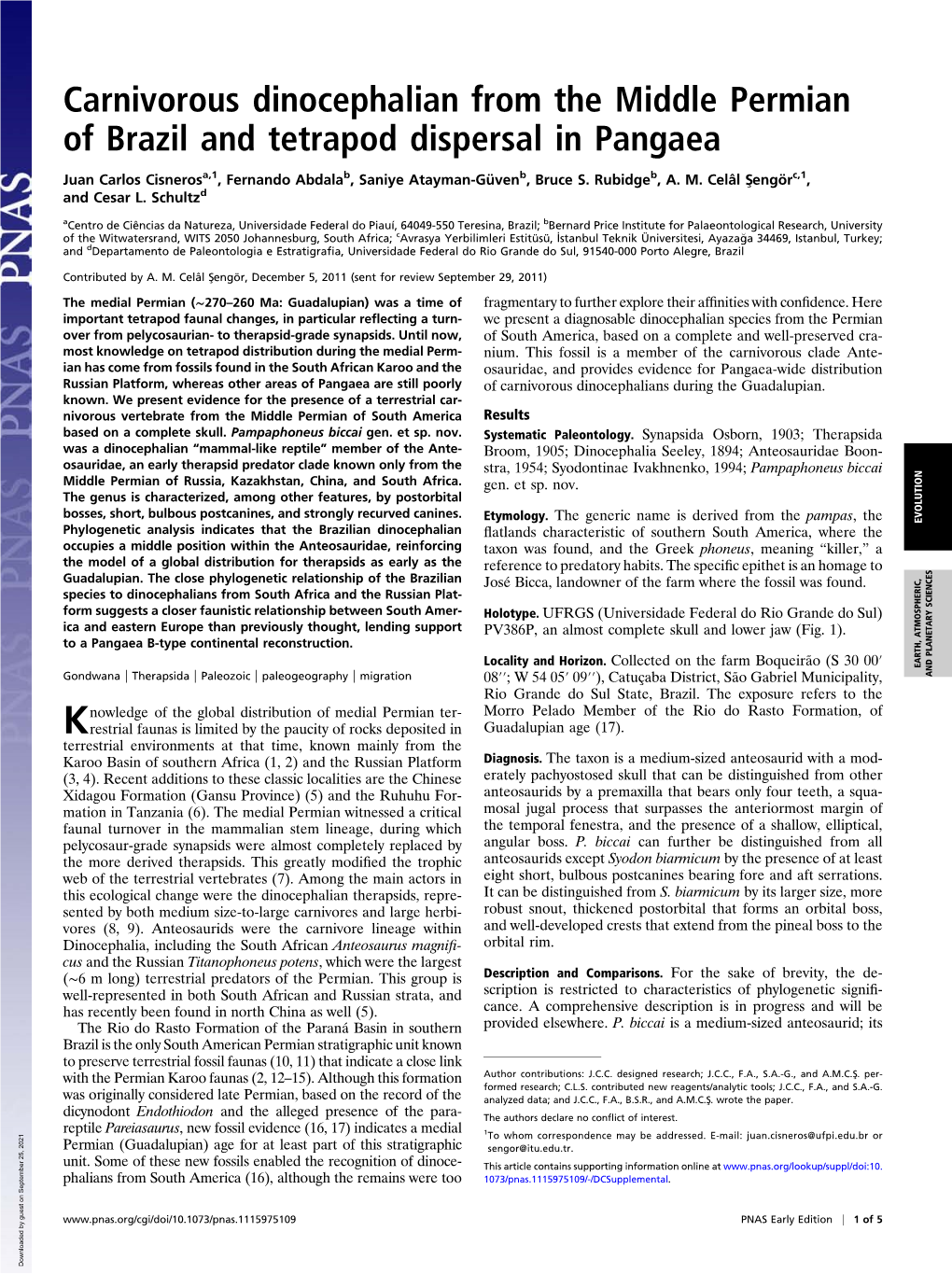 Carnivorous Dinocephalian from the Middle Permian of Brazil and Tetrapod Dispersal in Pangaea