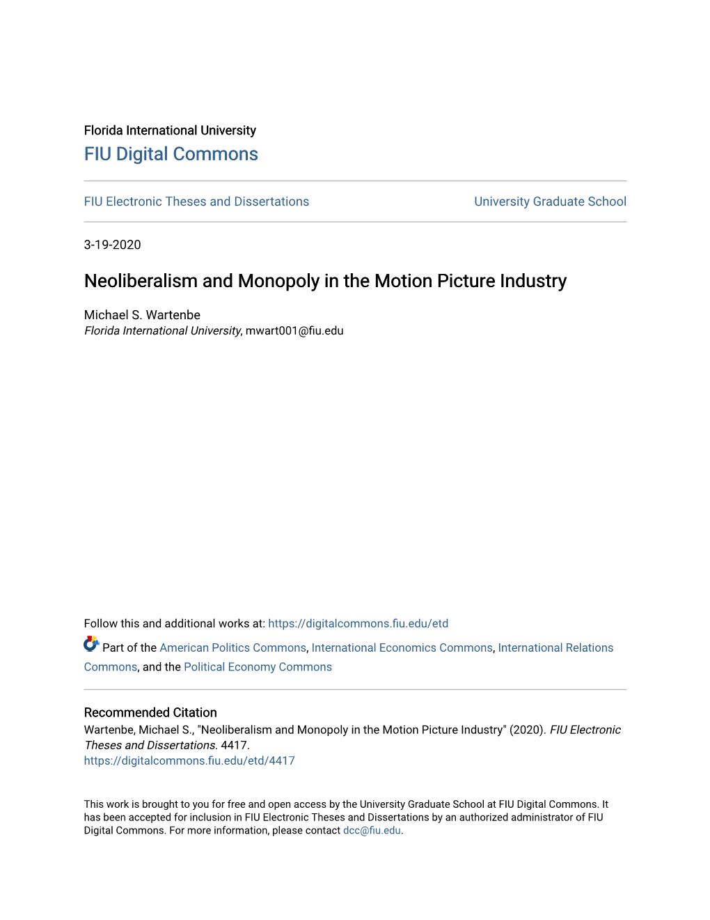 Neoliberalism and Monopoly in the Motion Picture Industry