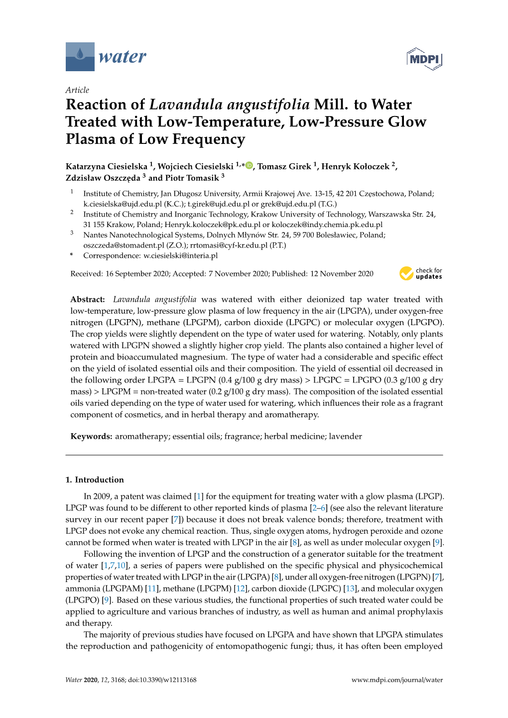 Reaction of Lavandula Angustifolia Mill. to Water Treated with Low-Temperature, Low-Pressure Glow Plasma of Low Frequency