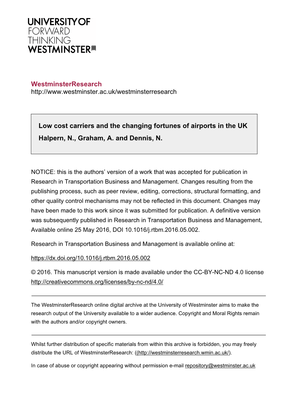 Westminsterresearch Low Cost Carriers and the Changing Fortunes