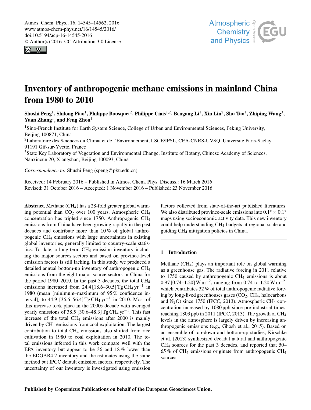 Inventory of Anthropogenic Methane Emissions in Mainland China from 1980 to 2010