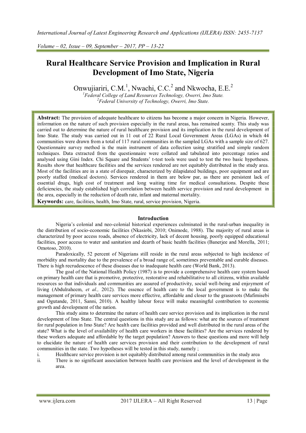 Rural Healthcare Service Provision and Implication in Rural Development of Imo State, Nigeria