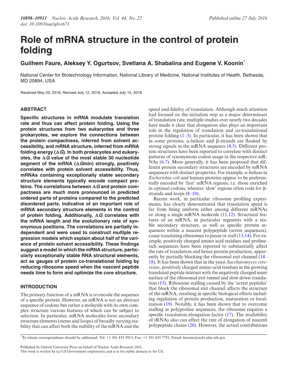 Role of Mrna Structure in the Control of Protein Folding Guilhem Faure, Aleksey Y