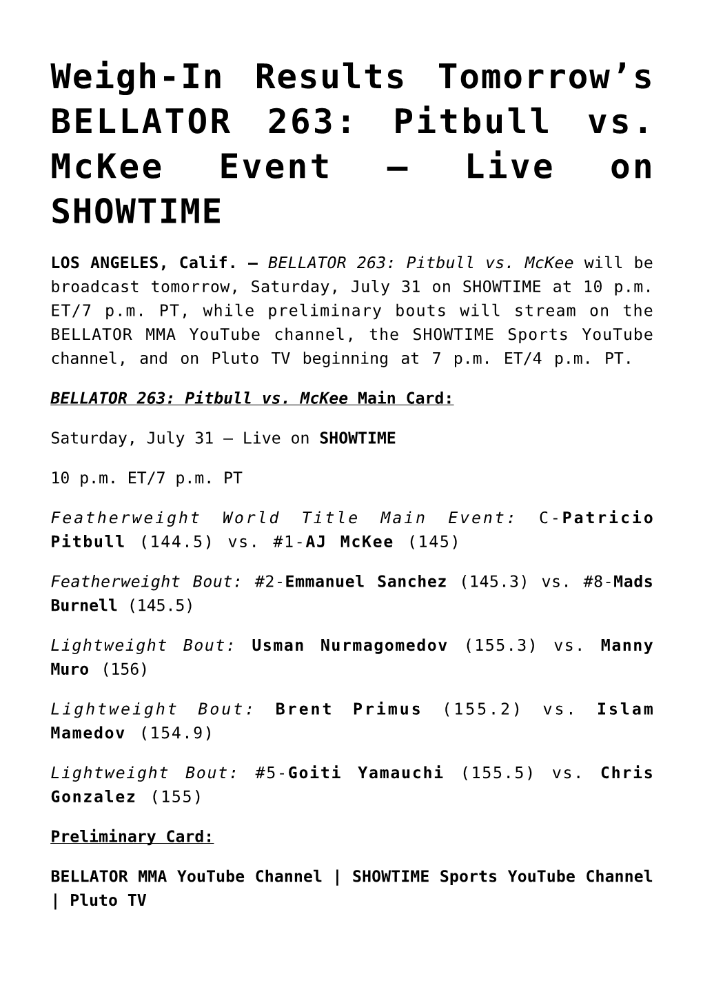 S BELLATOR 263: Pitbull Vs. Mckee Event – Live On