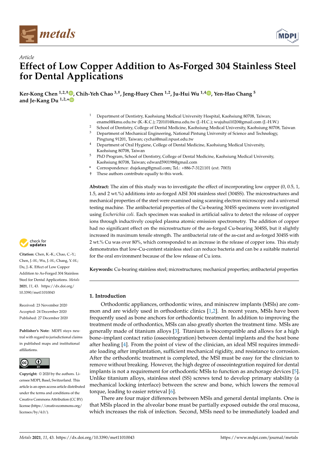 Effect of Low Copper Addition to As-Forged 304 Stainless Steel for Dental Applications