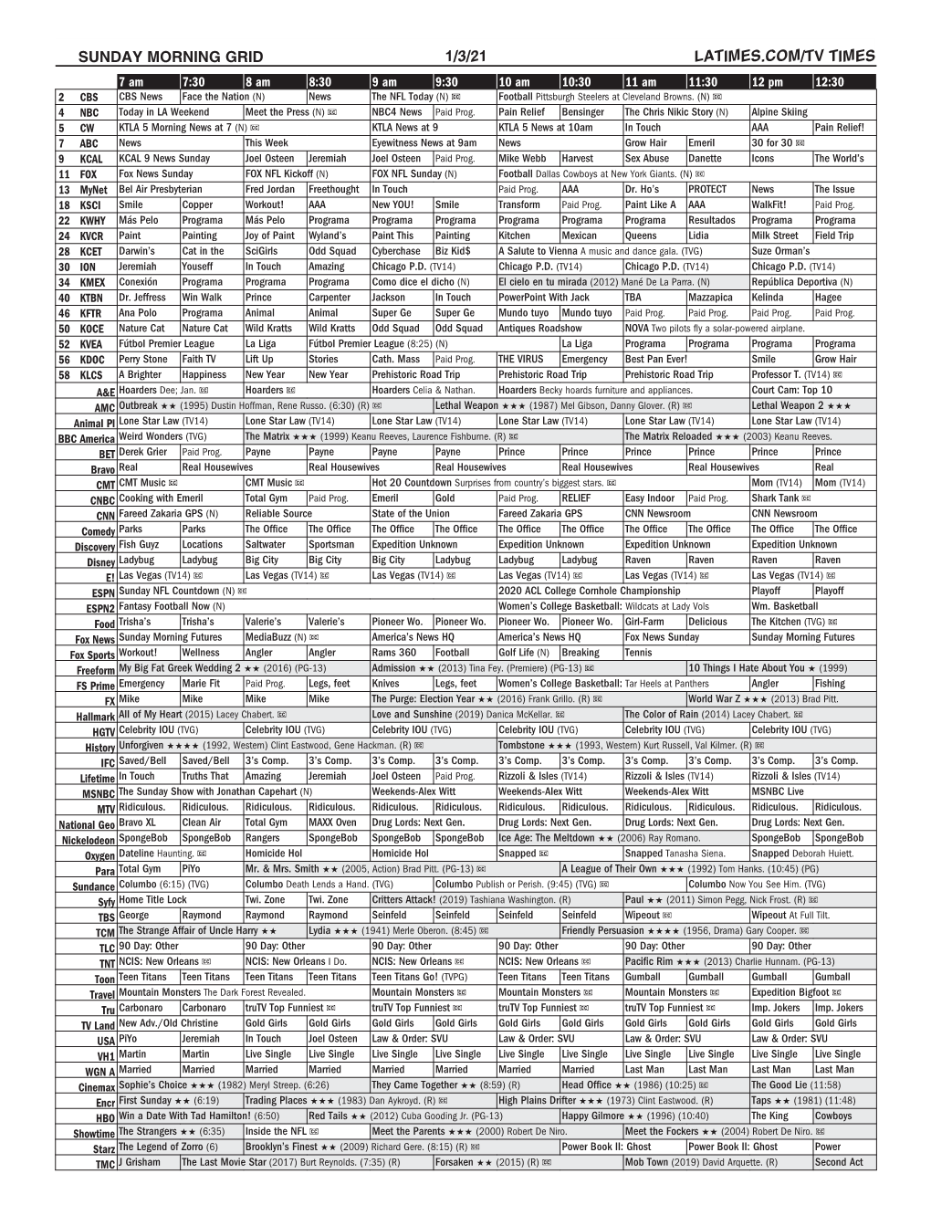 Sunday Morning Grid 1/3/21 Latimes.Com/Tv Times