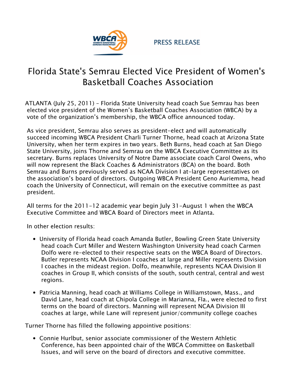 Florida State's Semrau Elected Vice President of Women's Basketball Coaches Association