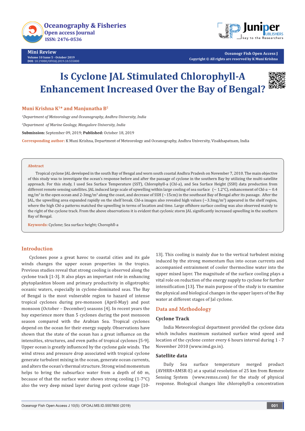 Is Cyclone JAL Stimulated Chlorophyll-A Enhancement Increased Over the Bay of Bengal?