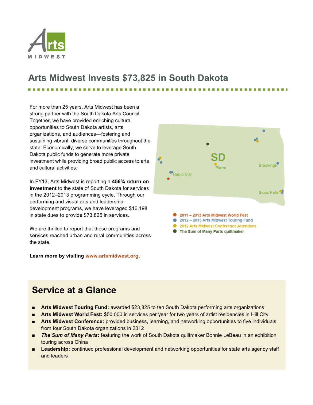 Arts Midwest Invests $73,825 in South Dakota Service at a Glance