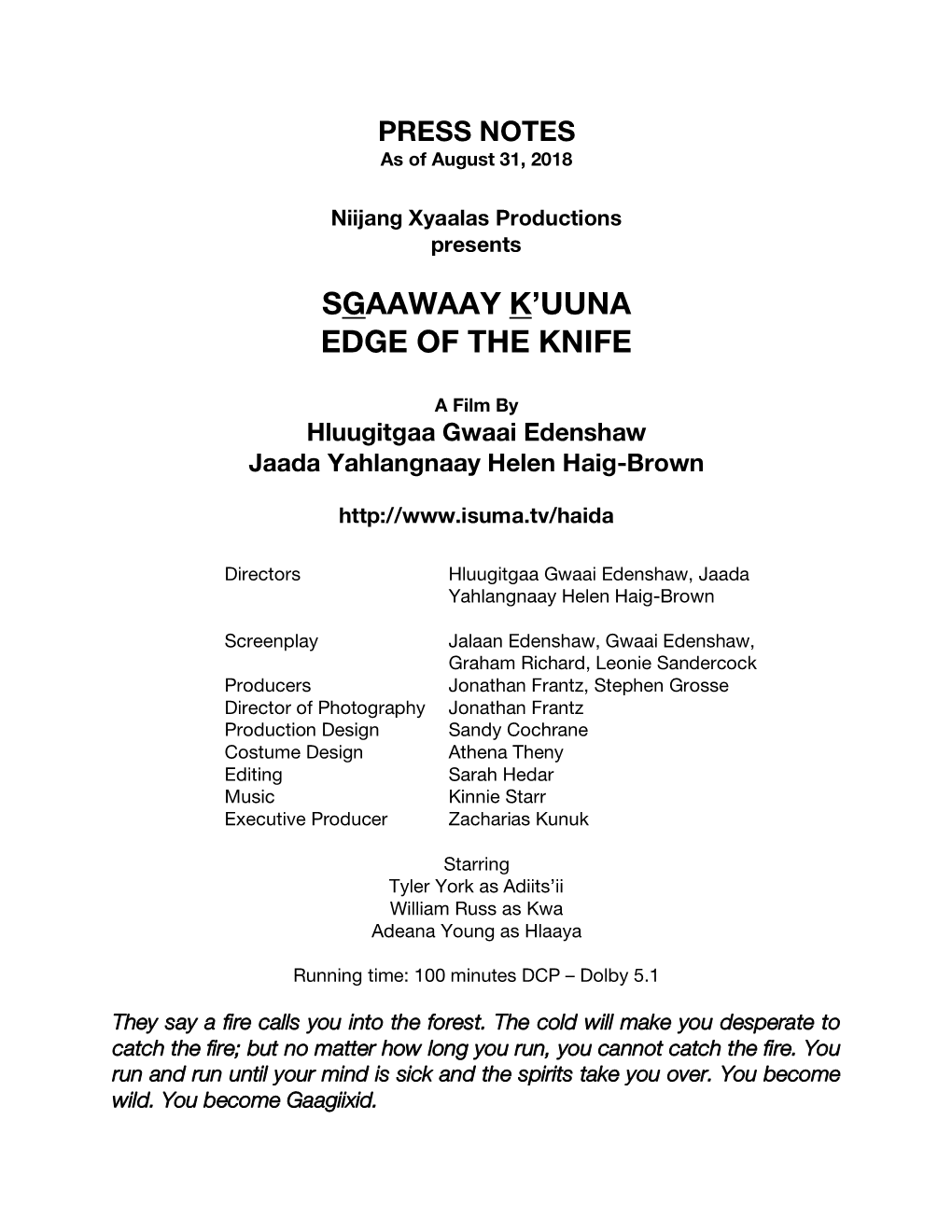 Edge of the Knife-Sgaawaay K'uuna-Press Notes-31Aug18
