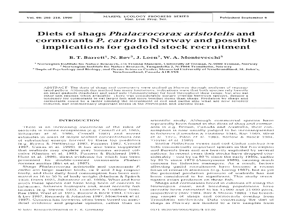 Diets of Shags Phalacrocorax Aristotelis and Cormorants P