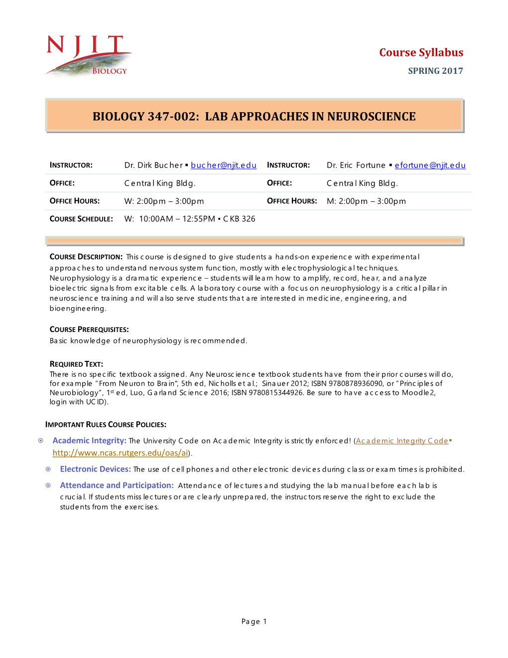 Biology 347-002: Lab Approaches in Neuroscience