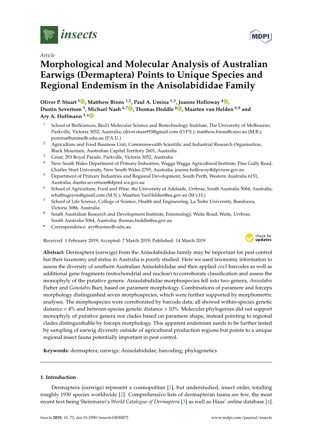 Morphological and Molecular Analysis of Australian Earwigs (Dermaptera) Points to Unique Species and Regional Endemism in the Anisolabididae Family