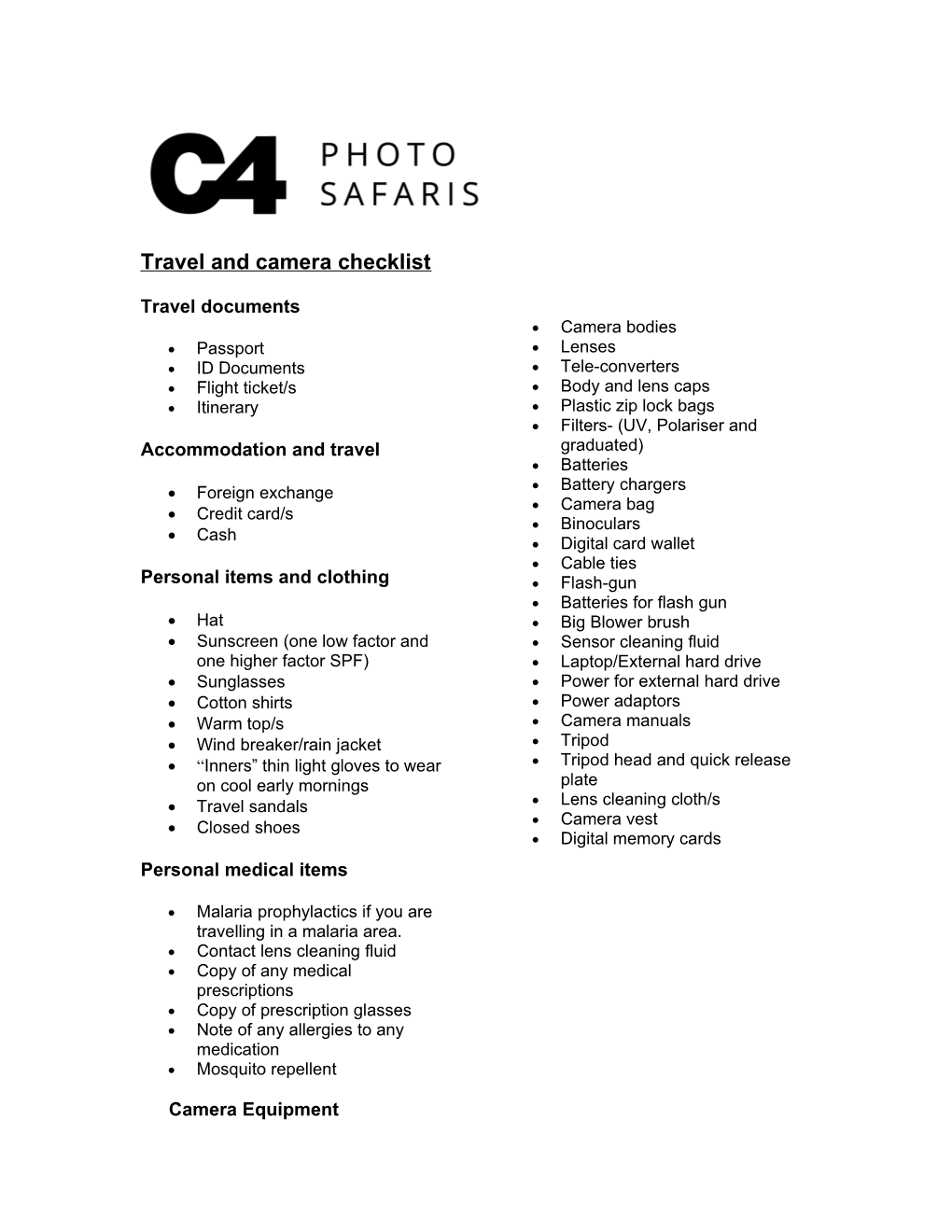 Travel and Camera Checklist