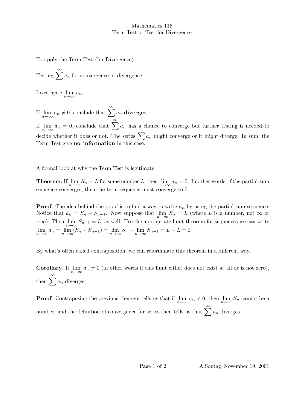 Mathematics 116 Term Test Or Test for Divergence to Apply the Term Test