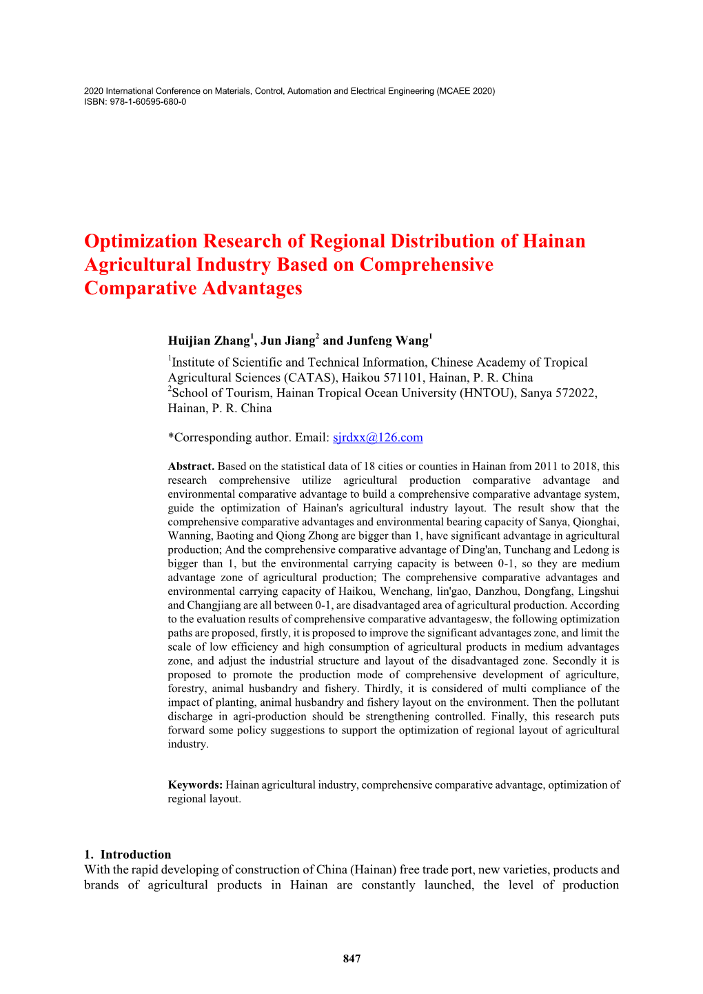 Optimization Research of Regional Distribution of Hainan Agricultural Industry Based on Comprehensive Comparative Advantages