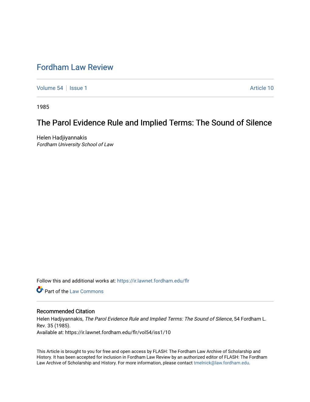 The Parol Evidence Rule and Implied Terms: the Sound of Silence