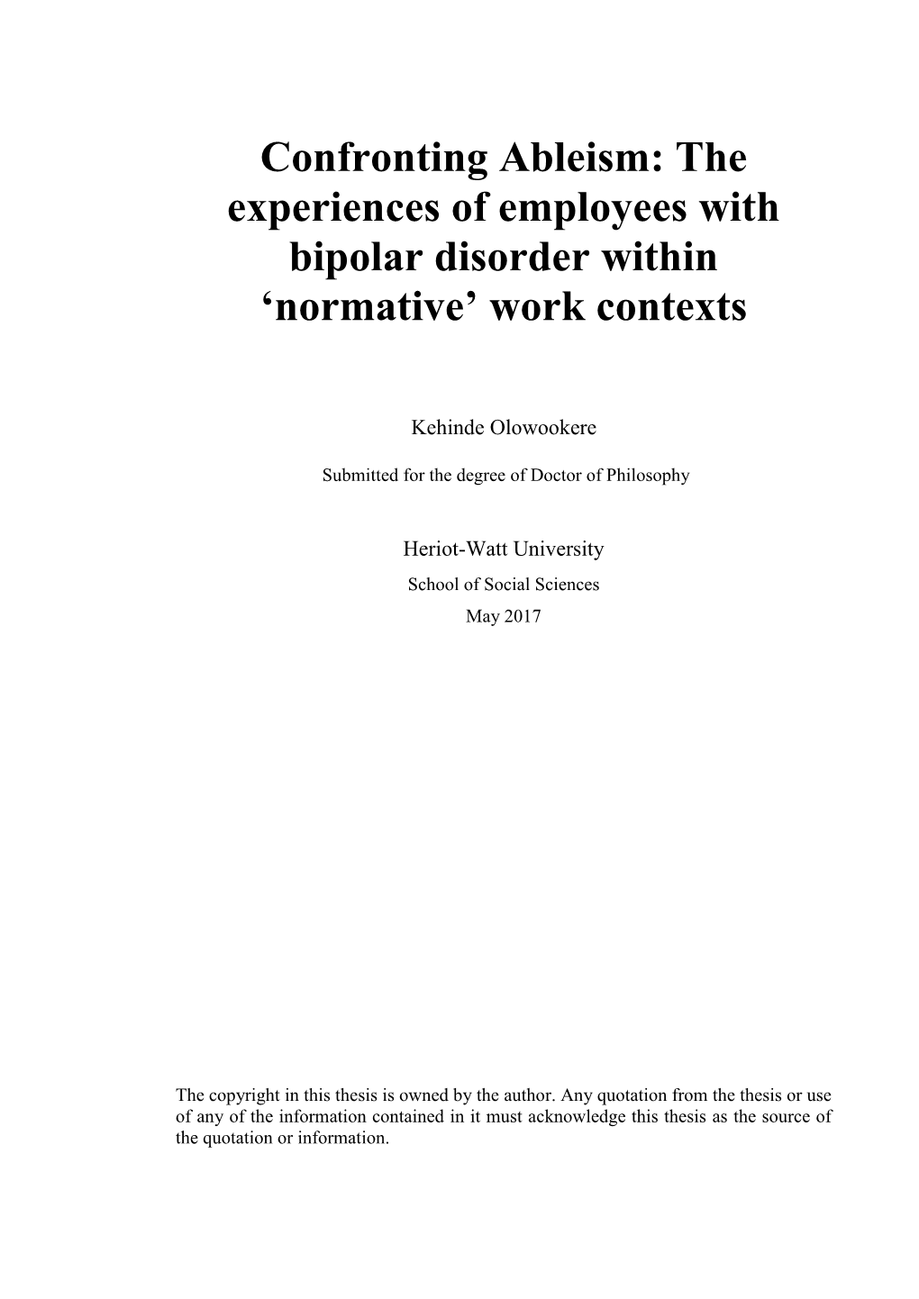 The Experiences of Employees with Bipolar Disorder Within 'Normative'