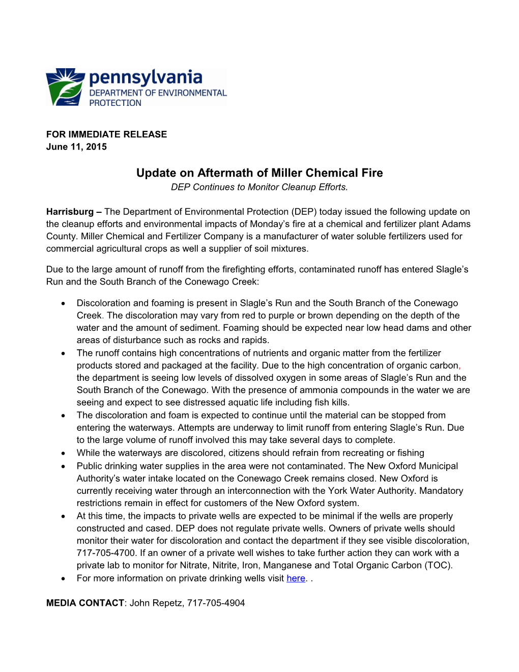 Update on Aftermath of Miller Chemical Fire