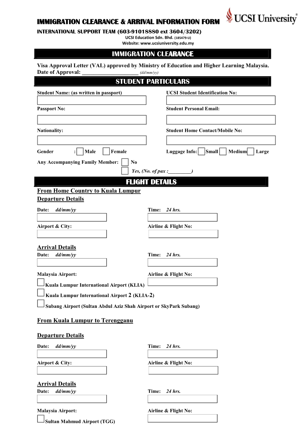 Immigration Clearance & Arrival Information Form