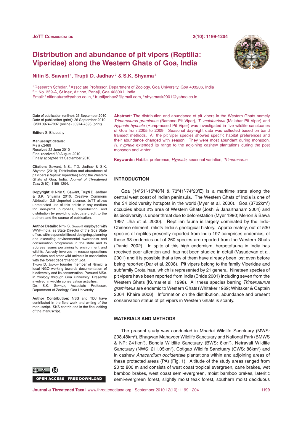 Distribution and Abundance of Pit Vipers (Reptilia: Viperidae) Along the Western Ghats of Goa, India