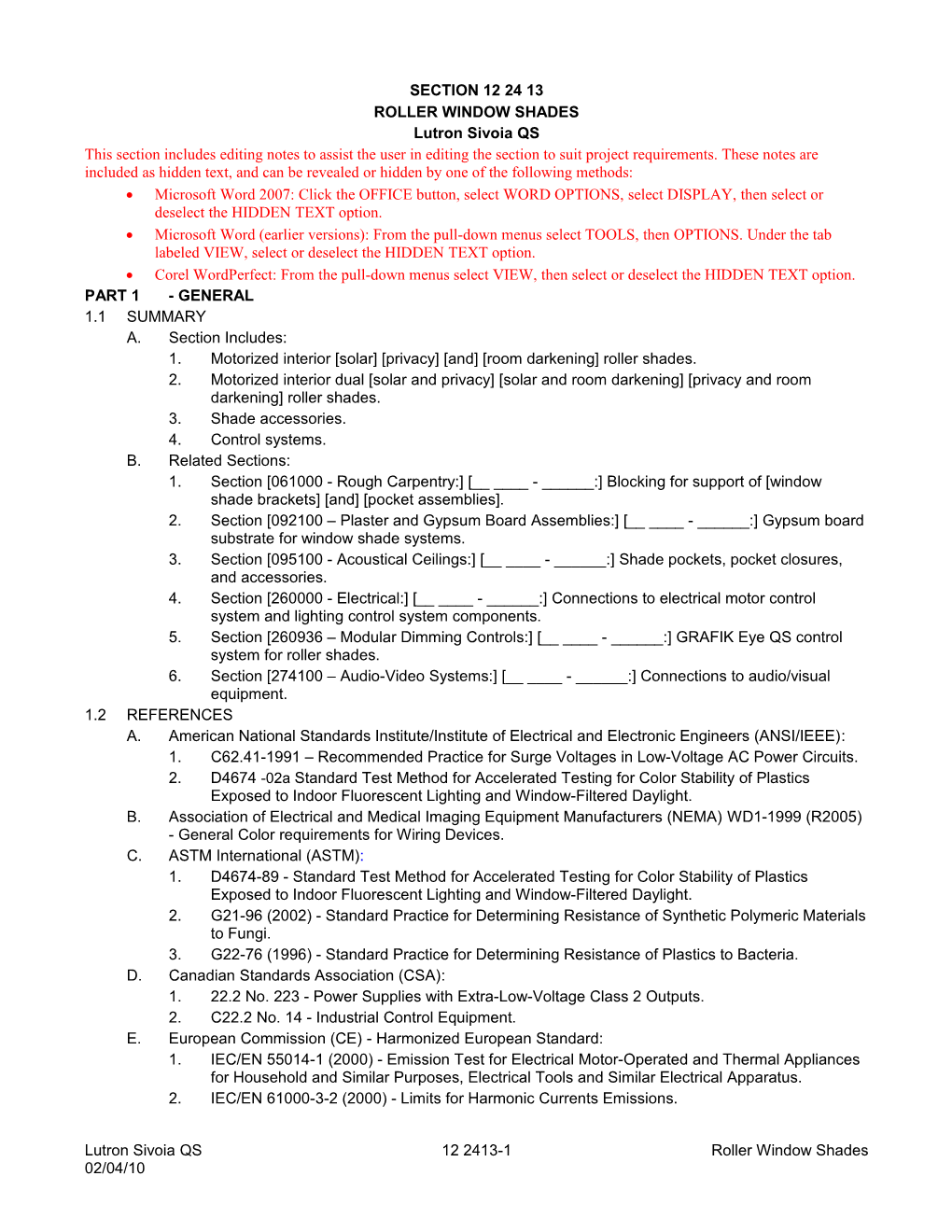 Sivoia QS CSI Specs - CSI 2004