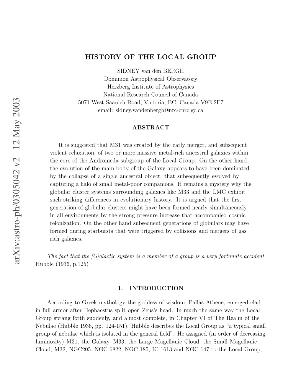 Arxiv:Astro-Ph/0305042 V2 12 May 2003 Lu,M2 G25 G 82 G 8,I 63Adnc17t Th to 147 NGC and 1613 IC 185, NGC Clou 6822, Magellanic NGC As Large NGC205, He the M32, ﬁeld”