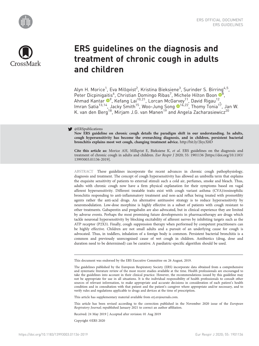 ERS Guidelines on the Diagnosis and Treatment of Chronic Cough in Adults and Children