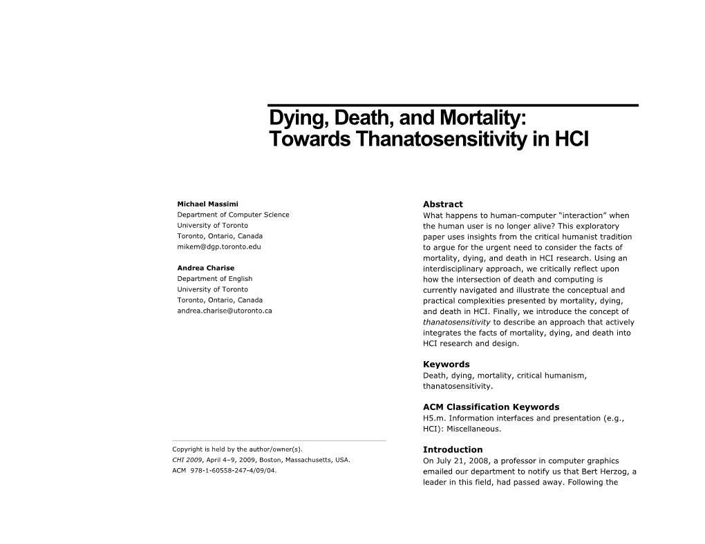 Dying, Death, and Mortality: Towards Thanatosensitivity in HCI