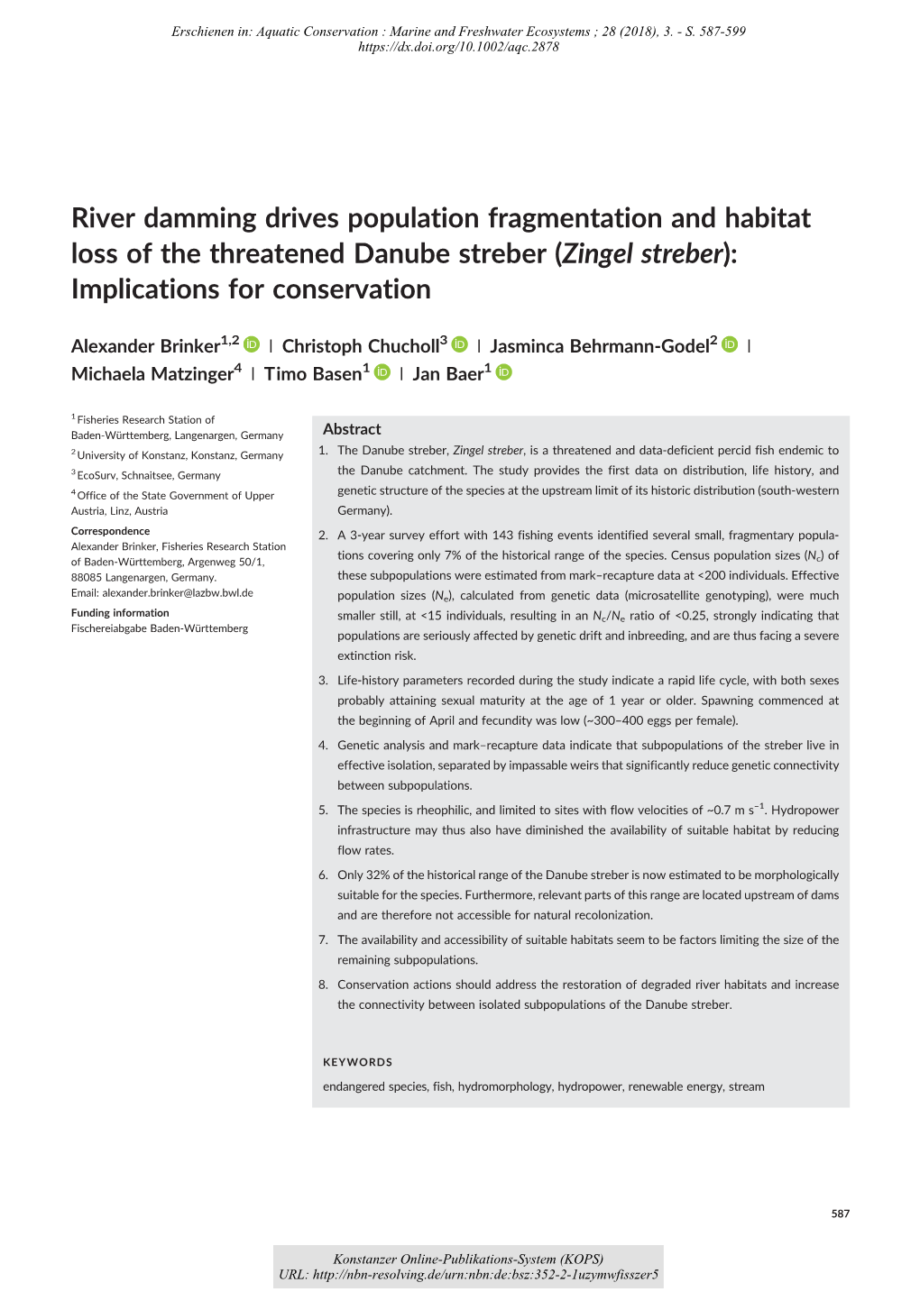 Zingel Streber): Implications for Conservation