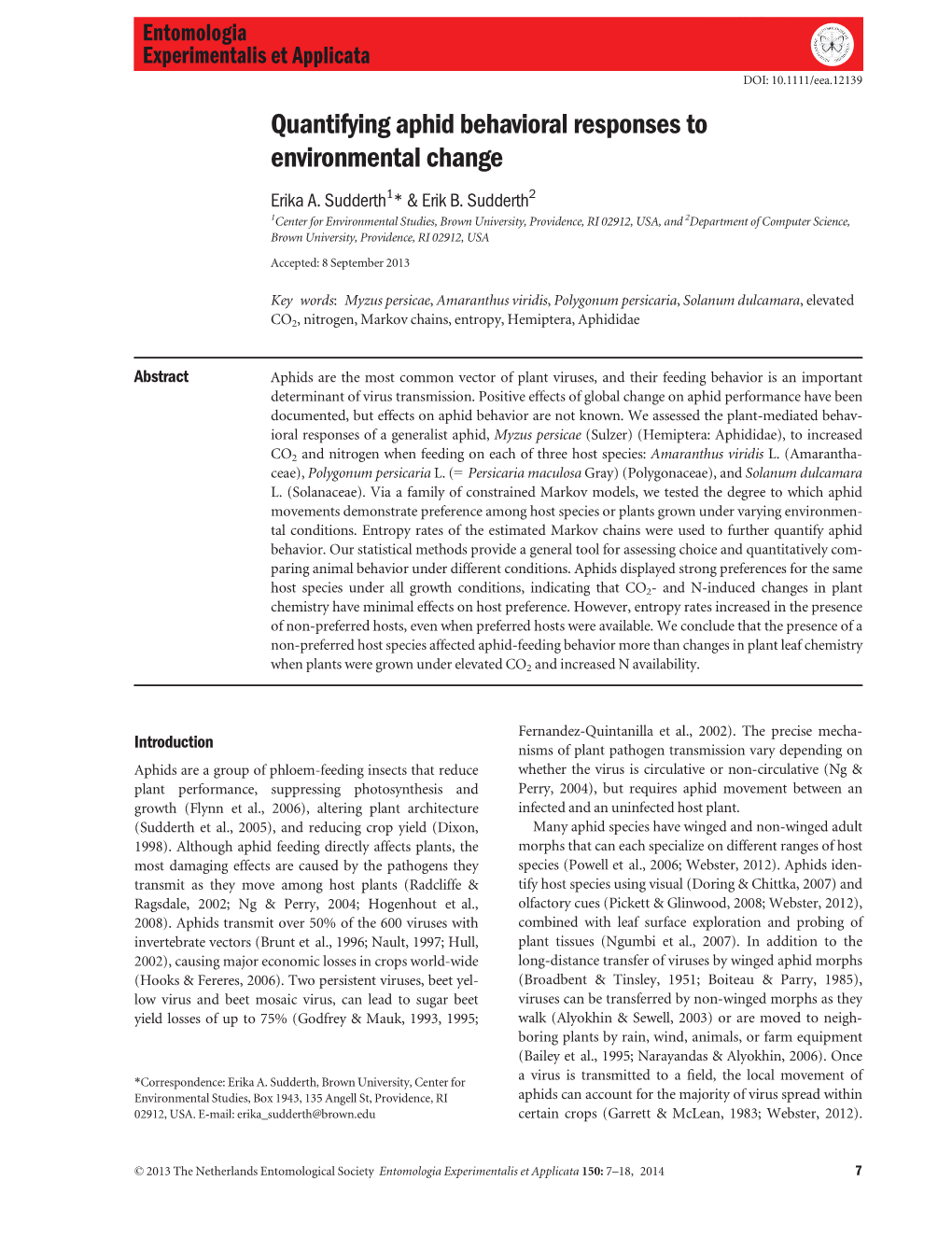 Quantifying Aphid Behavioral Responses to Environmental Change Erika A