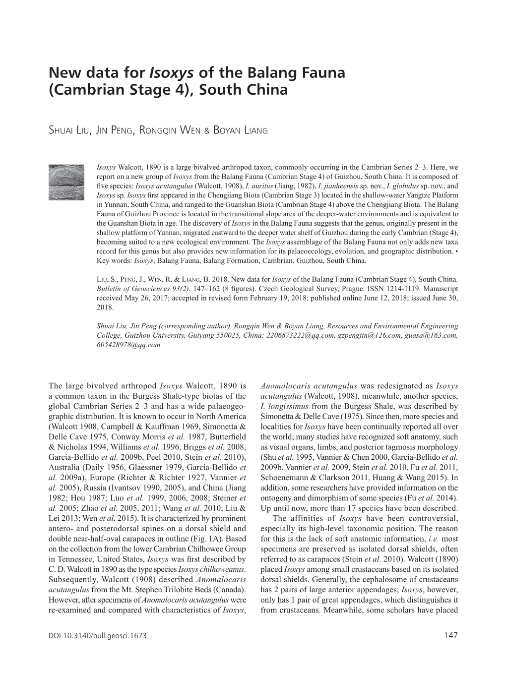 New Data for Isoxys of the Balang Fauna (Cambrian Stage 4), South China