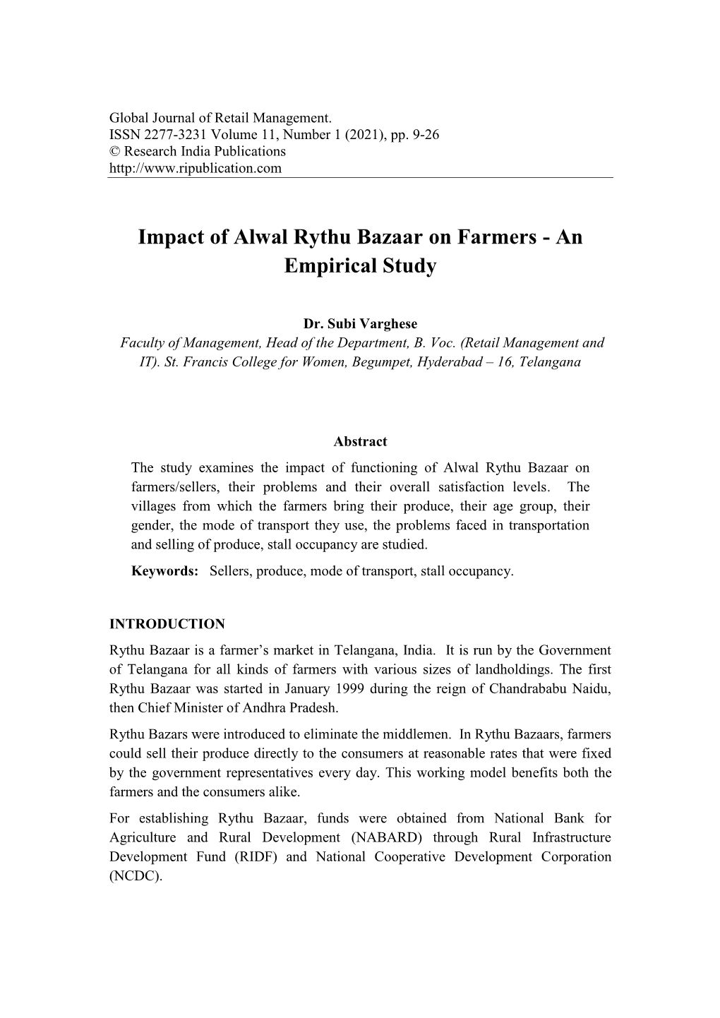 Impact of Alwal Rythu Bazaar on Farmers - an Empirical Study